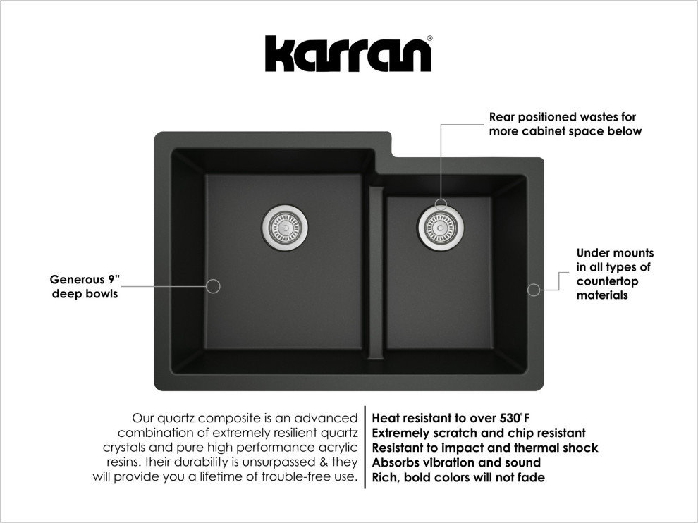 Karran 32" Undermount Large/Small Bowl Quartz Kitchen Sink, Black