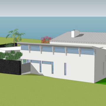 Eastern view of hidden garden, game room, guest bedrooms and fruit trees.