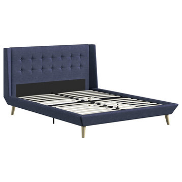 Scandinavian Platform Bed, Splayed Legs & Tufted Headboard, Blue, Queen