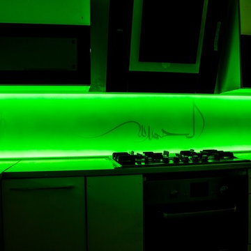 "LED & STENCIL" bespoke artwork illuminated glass kitchen splashback