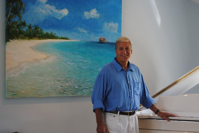 Artist, Alan Zawacki, with South Pacific Hut - 40"x60" acrylic on canvas