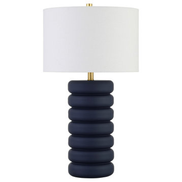25" Navy Blue Ceramic Table Lamp With White Drum Shade