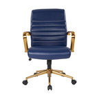 Mid-Back Faux Leather Chair With Gold Arms and Base, Navy