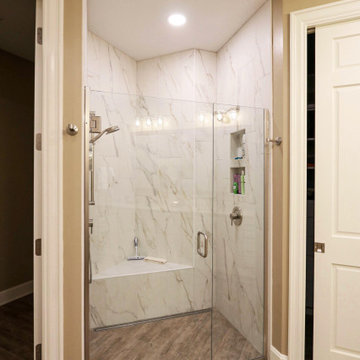 Rustic Master Bathroom with Barrier Free Shower and Closet Organization