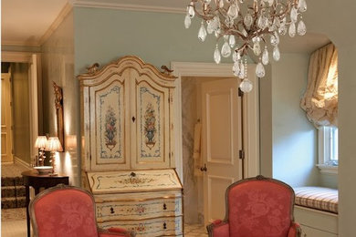 Bedroom - large victorian master carpeted and beige floor bedroom idea in Denver with blue walls