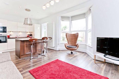 This is an example of a contemporary open plan living room in London with white walls, laminate floors and a freestanding tv.