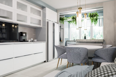 Soft-minimal кухня-гостиная с панорамным остеклением
