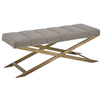 Modrest Xane Contemporary Grey Fabric and Brushed Brass Bench