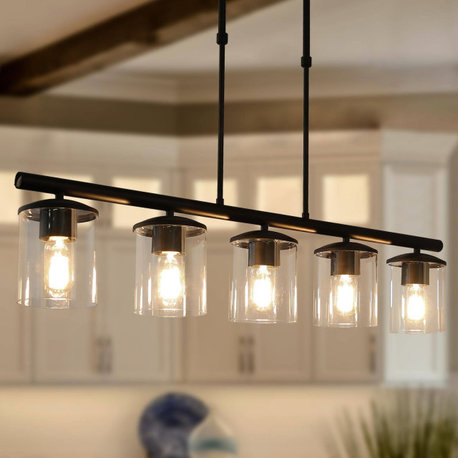 LNC 5-Light Industrial Matte Black and Linear Pendant Light for Kitchen Isalnd