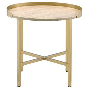 ACME Mithea Round Wooden Top End Table with Cross Bar Base in Oak and Gold