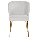 OROA - Brushed Gold Leg White Bouclé Chair | OROA Cannon - The dining chair Cannon by OROA encapsulates subtlety and elegance. Characterized by its brushed gold legs and sumptuous upholstery, Cannon will enhance the coziness of your space. It's a furniture piece worth investing in.