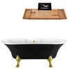 68" Black Clawfoot Tub and Tray, Gold Feet, Gold External Drain