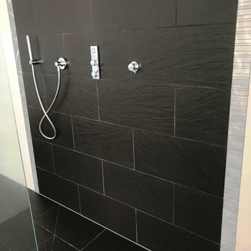 Limescale Stained Slate Effect Shower Tiles Renovated in Burghfield Bridge