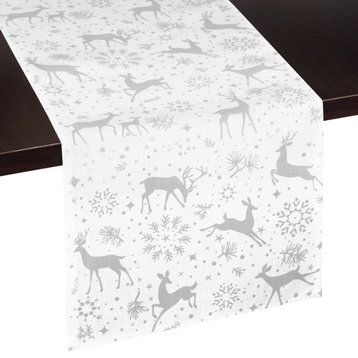 Reindeer Snowflake Table Runner, Christmas Winter Decor, Silver, White, 12"x54"
