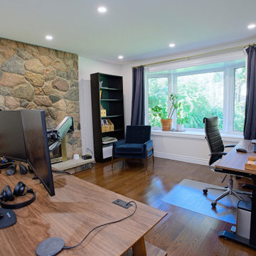 Bright Home Office with Stone Fireplace and Dual Workstations | Etobicoke