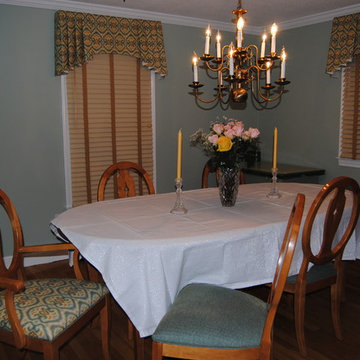 Dining Room-Custom Valances, Graber Sorenta Blinds w/tapes & Upholstered Chairs