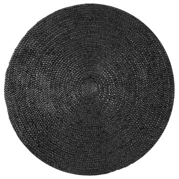 Farmhouse Area Rug, Round Shape Hand Woven Braided Black Natural Jute, 10' X 10'