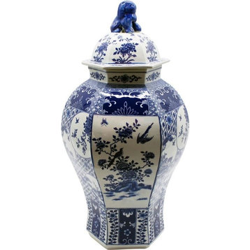 Temple Jar Vase Medallion Floral Hexagonal White Blue Colors May Vary