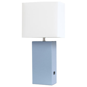 Elegant Designs  Leather Table Lamp with USB and White Fabric Shade, Periwinkle