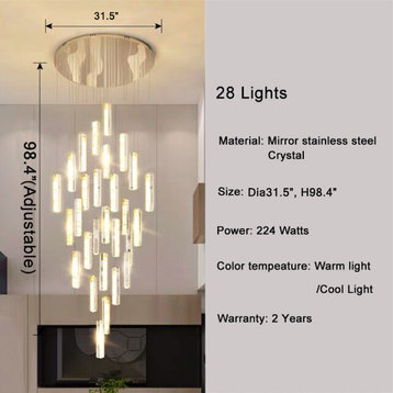 Stainless steel crystal lamp. Luxury led chandelier for staircase, living room, 28 Lights