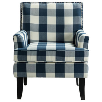 Classic Accent Chair, Padded Seat With Low Arms & Nailhead, White/Navy Striped