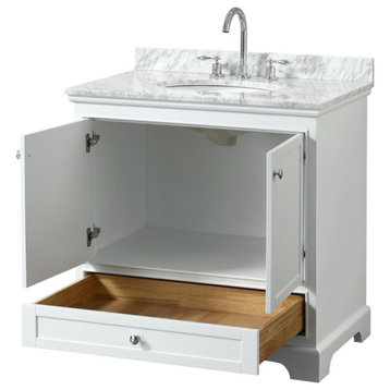 36" Single Bathroom Vanity, White, White Marble top, Oval Sink