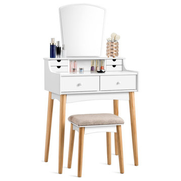 Retro Vanity Set, Table With Small/Large Drawers & Unique Shaped Mirror, White