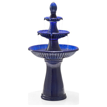 Cobalt Blue 3-Tier Ceramic Outdoor Fountain