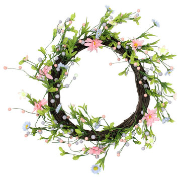 15" Green Pink and Purple Artificial Spring Floral Twig Wreath