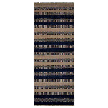 Hand Woven Flat Weave Kilim Wool Area Rug Contemporary Aqua Cream, [Runner] 2'6''x12'