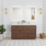 Vinnova Inc - Porto Bath Vanity with White Quartz Stone Top, Dark Brown Oak, 60 in., No Mirror - Transform your bathroom into a haven of style and sophistication with our Porto Series Freestanding Bathroom Vanity a piece that embodies fine craftsmanship and everyday practicality. This exquisite vanity combines the textured warmth and elegance of solid oak with pristine white quartz, resulting in a look that's both inviting and visually captivating. Deep dovetail drawers with partitions allow you to keep your essentials concealed and organized.