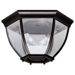 Kichler - Outdoor Ceiling 2-Light, Black - With its timeless profile, this 2-light flush mount is perfect for those looking to embellish classic sophistication outdoors. Because it is made from cast aluminum and comes in this beautiful Black finish, this flush mount can go with any home decor while being able to withstand the elements. It features clear beveled glass panels, uses 40-watt (max.) bulbs, measures 12"in diameter by 7" high, and is U.L. listed for damp location.