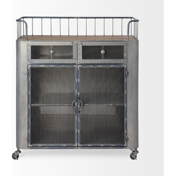 Udo Grey Metal w/ 2 Door Cabinet, 2 Drawers & Wood Top Bar Cart