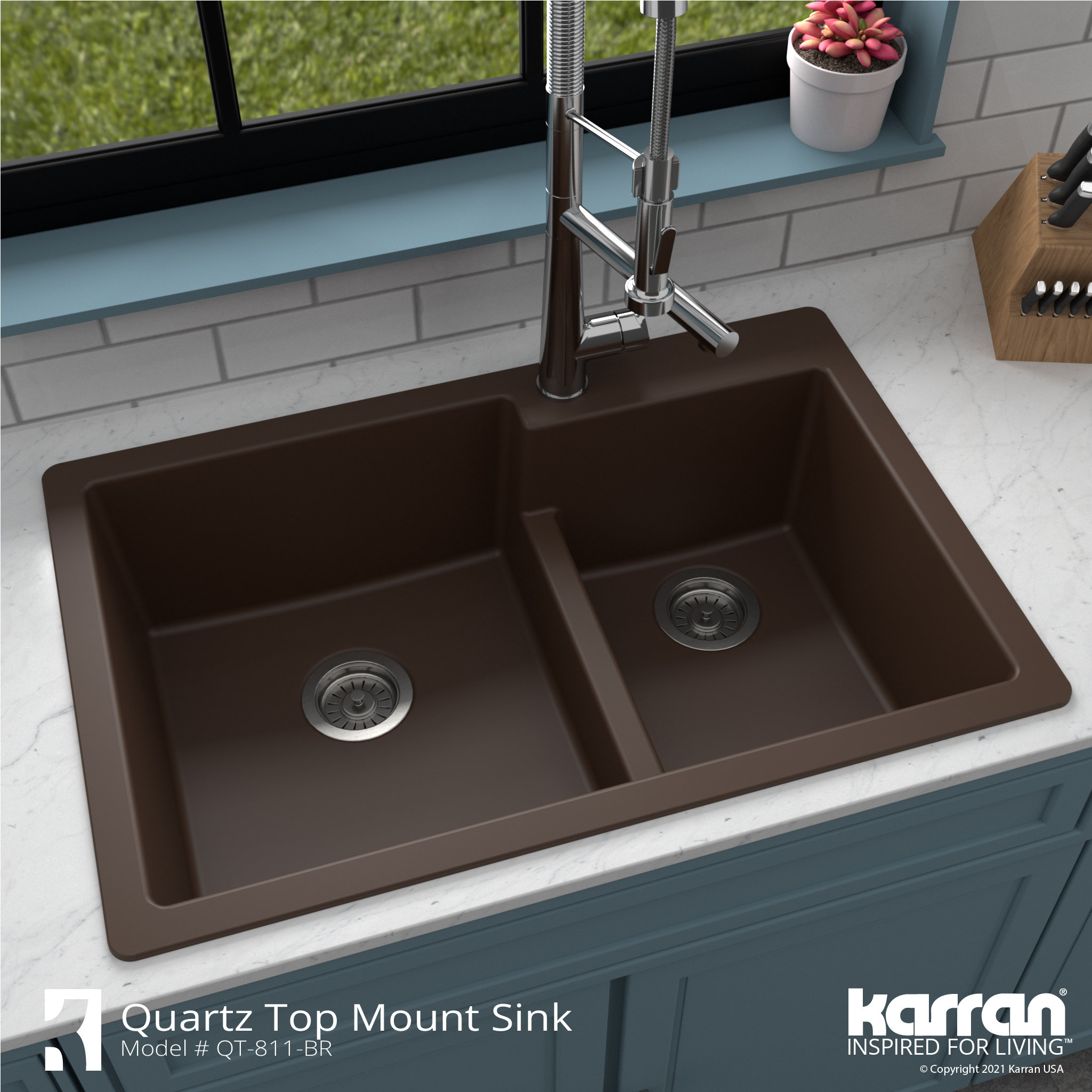Karran 33" Top Mount Large/Small Bowl Quartz Kitchen Sink, Brown