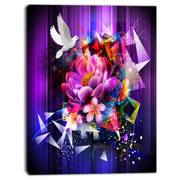 Abstract Floral Design with Dove, Floral Canvas Art print, 12"x20"