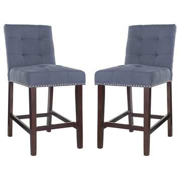 Set of 2 Counter Stool, Square Stitched Upholstery and Nailhead, Navy/Fabric