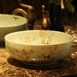 Hand painted cracked glaze flower bird ceramic sink - Bathroom Sinks
