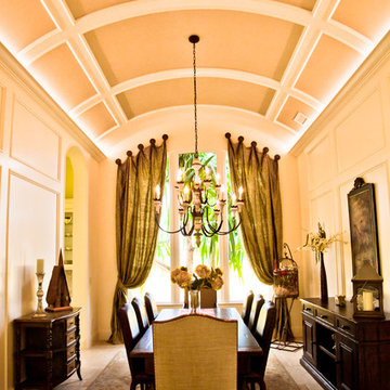 Metallic Grasscloth Panels on the Ceiling and Draperies with Medalions