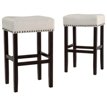 Set of 2 Bar Stool, Backless Design With Bonded Leather Seat and Nailhead, Ivory