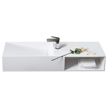 35" Wall-Mount Stone Resin Bathroom Sink in Matte White with Storage Cubby Hole