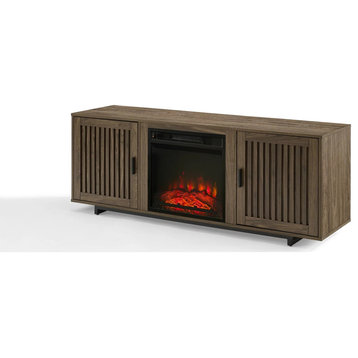 Modern TV Stand, Center Fireplace & 2 Side Cabinets With Slatted Doors, Walnut