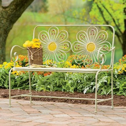Retro Iron Flower Garden Bench With Distressed Finish - Indoor Benches