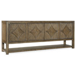 Hooker Furniture - Sundance Entertainment Console - Inspired by the iconic Pacific Coast Highway, the Sundance Entertainment Console exudes character with four diamond-motif reeded front doors with soft-close hinges and touch latches. Crafted of Pecan Veneers with a Solid Wood edge top, the console has one adjustable vented wood shelf behind each pair of doors, a ventilated back panel and one 3-plug electrical outlet. The rich brown finish is Cliffside, featuring burnishing on the edges.