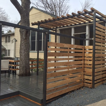 Modern composite decking, 2" steel posts w/ cedar fencing and canopy