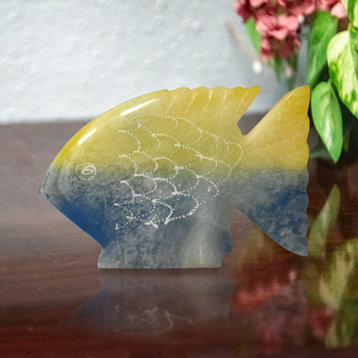 Polished Marble Fish, Decorative Figurine, Yellow and Blue