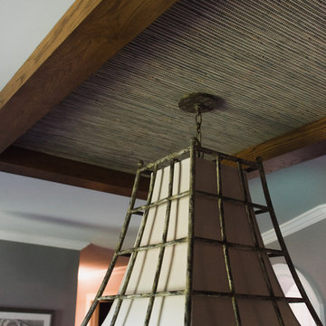 Ceiling tray with beam, grasscloth and chandelier