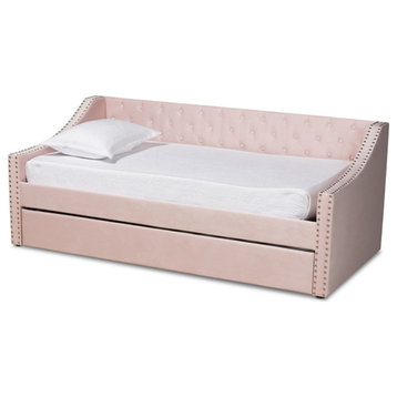 Raphael Pink Velvet Fabric Upholstered Twin Size Daybed With Trundle