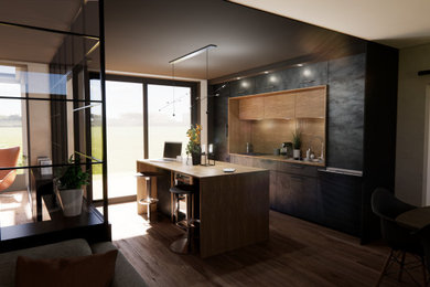 Medium sized contemporary single-wall open plan kitchen in Dijon with a single-bowl sink, flat-panel cabinets, grey cabinets, wood worktops, brown splashback, wood splashback, integrated appliances, laminate floors, an island, brown floors and brown worktops.