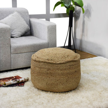 Contemporary Handmade Jute Pouf, 18x18x18 Round