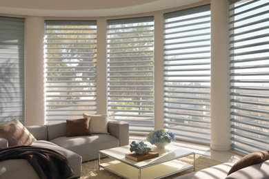 Example of a large transitional open concept carpeted living room design in San Francisco with gray walls